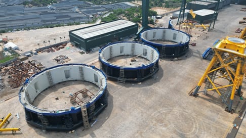 Aquatraz pens under construction at the shipyard. Photo: Seafarming Systems